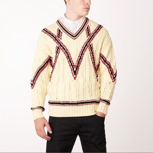 Brioni Vintage Wool Cable Knit Sweater Mens EU 48 M Yellow Red Navy V-Neck Italy